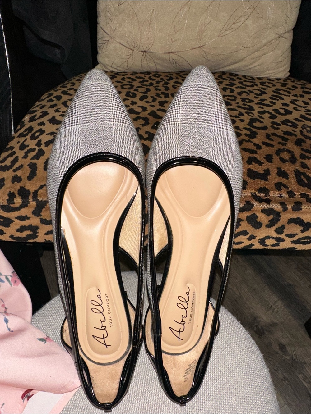 Abella Gray Plaid Pointed Toe Slingback Flats with Black Trim